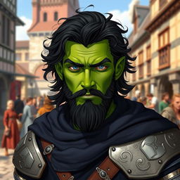 A green male half-orc with black wavy medium-length hair and a nicely trimmed short beard