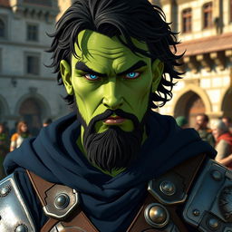 A green male half-orc with black wavy medium-length hair and a nicely trimmed short beard