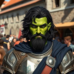 A green male half-orc with black wavy medium-length hair and a nicely trimmed short beard