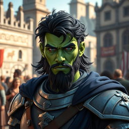 A green male half-orc with black wavy medium-length hair and a nicely trimmed short beard