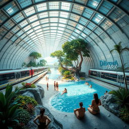 A vast and high-tech underground metro station featuring a sleek train with several cars on a platform