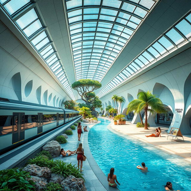 A vast and high-tech underground metro station featuring a sleek train with several cars on a platform