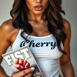 A stunning brunette woman in an extreme close-up torso shot, wearing a white tank top with the word 'Cherry' emblazoned across it