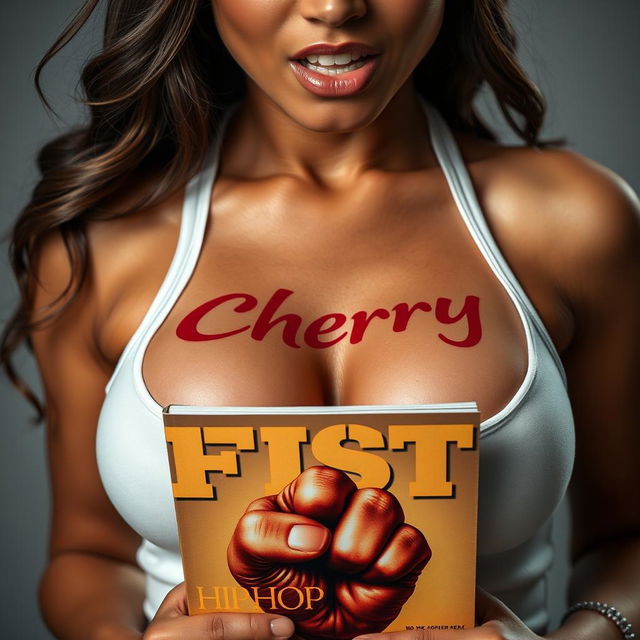 A stunning brunette woman in an extreme close-up torso shot, wearing a white tank top with the word 'Cherry' emblazoned across it