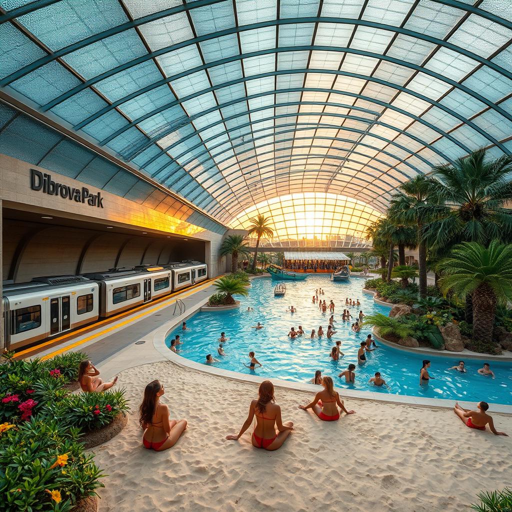 An expansive underground metro station that houses an impressive train with several cars on the platform