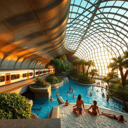 An expansive underground metro station that houses an impressive train with several cars on the platform