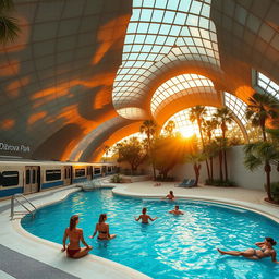 An expansive underground metro station that houses an impressive train with several cars on the platform