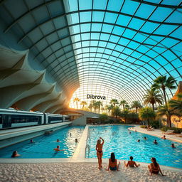 An expansive underground metro station that houses an impressive train with several cars on the platform