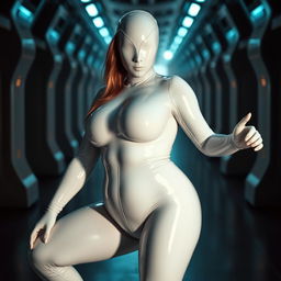 A white woman wearing a head-to-toe skintight latex suit that perfectly contours her voluptuous figure, emphasizing her big ass and breasts