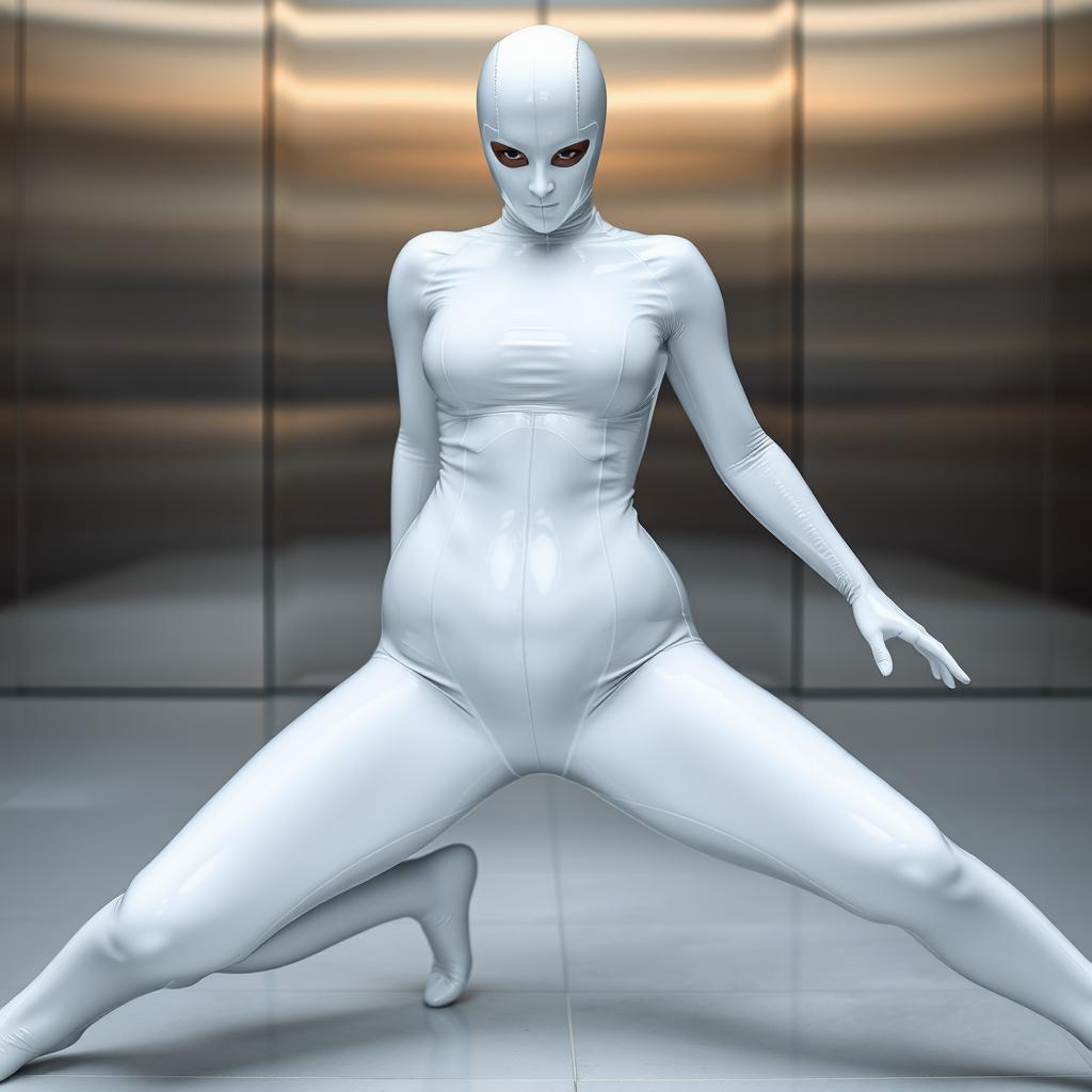 A white woman in a skintight latex suit that fully covers her body and face, with small holes for her eyes