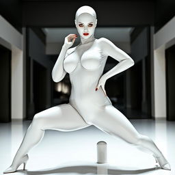 A white woman in a skintight latex suit that fully covers her body and face, with small holes for her eyes