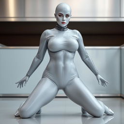 A white woman in a skintight latex suit that fully covers her body and face, with small holes for her eyes