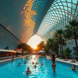 A high and expansive underground metro station where a sleek train with several cars rests on the platform