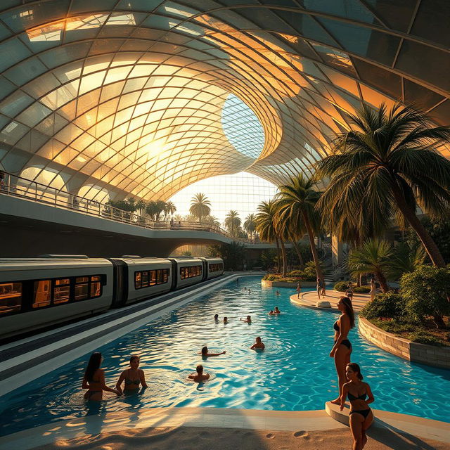 A high and expansive underground metro station where a sleek train with several cars rests on the platform