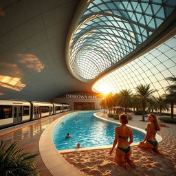 A high and expansive underground metro station where a sleek train with several cars rests on the platform