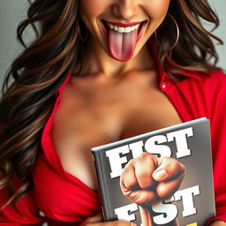 An extreme close-up torso shot of a gorgeous Caucasian brunette wearing a red blouse with a prominent chest and visible cleavage