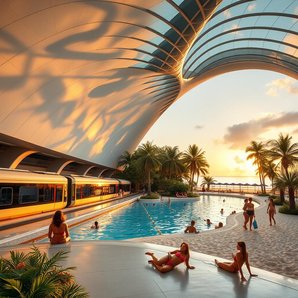 A high and expansive underground metro station features a sleek train composed of several cars resting on the platform