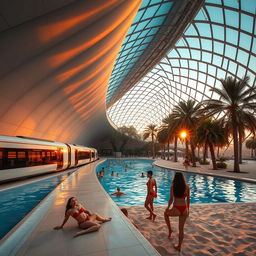 A high and expansive underground metro station features a sleek train composed of several cars resting on the platform