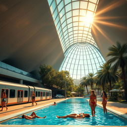 A high and expansive underground metro station features a sleek train composed of several cars resting on the platform