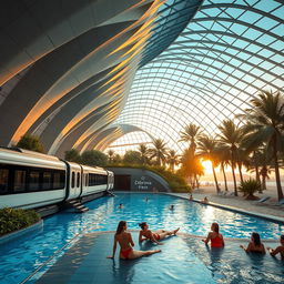 A high and expansive underground metro station features a sleek train composed of several cars resting on the platform