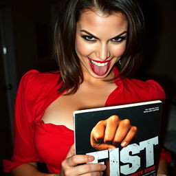 A stunning extreme close-up torso shot of a gorgeous Caucasian brunette with striking features, wearing a red blouse