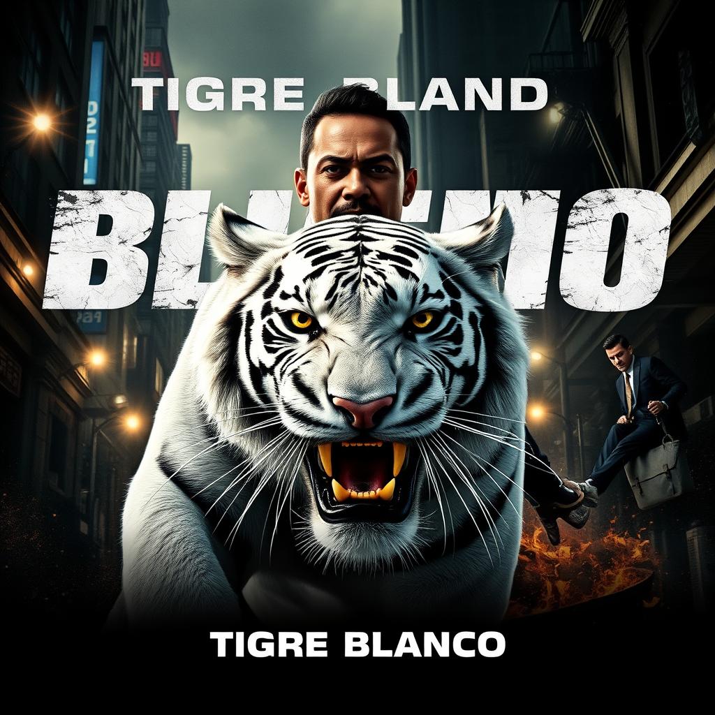 A promotional poster for the movie 'Tigre Blanco', featuring a dynamic and intense scene with a fierce white tiger in the foreground