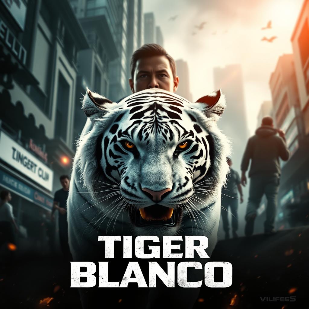 A promotional poster for the movie 'Tigre Blanco', featuring a dynamic and intense scene with a fierce white tiger in the foreground