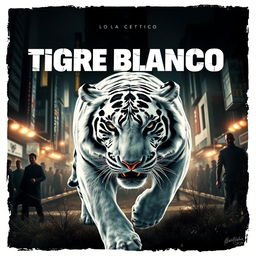 A promotional poster for the movie 'Tigre Blanco', featuring a dynamic and intense scene with a fierce white tiger in the foreground