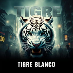 A promotional poster for the movie 'Tigre Blanco', featuring a dynamic and intense scene with a fierce white tiger in the foreground