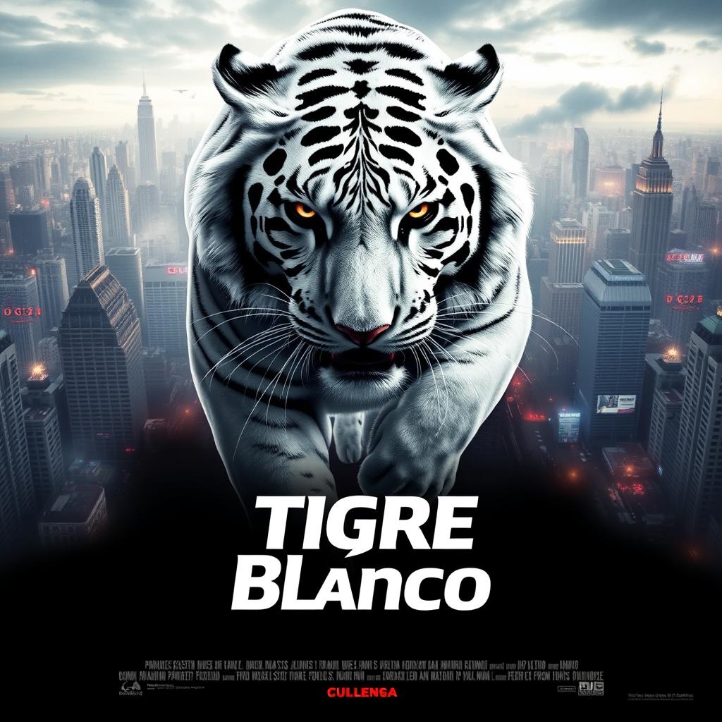 A visually striking advertisement poster for the movie 'Tigre Blanco'