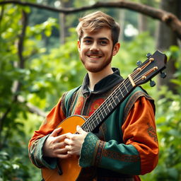 Depict a youthful bard with a short, well-cared beard