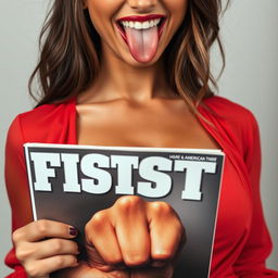 extreme close-up torso shot of a gorgeous Caucasian brunette wearing a red blouse with a focus on her large chest and visible cleavage