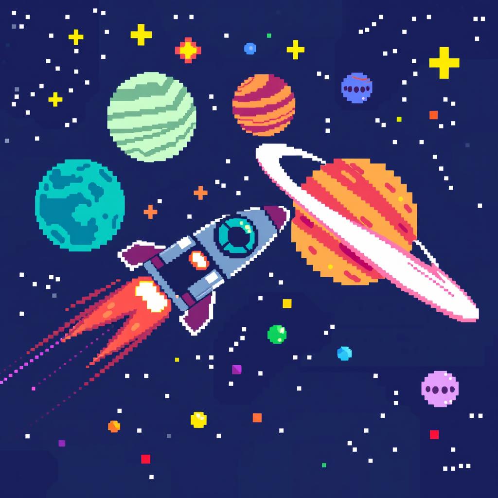 a pixel art scene of outer space featuring a spaceship cruising through, with pixelated stars, colorful planets, and a glowing comet streaking by