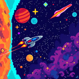 a pixel art scene of outer space featuring a spaceship cruising through, with pixelated stars, colorful planets, and a glowing comet streaking by