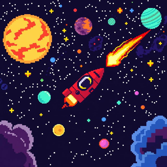 a pixel art scene of outer space featuring a spaceship cruising through, with pixelated stars, colorful planets, and a glowing comet streaking by