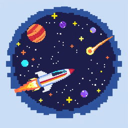 a pixel art scene of outer space featuring a spaceship cruising through, with pixelated stars, colorful planets, and a glowing comet streaking by