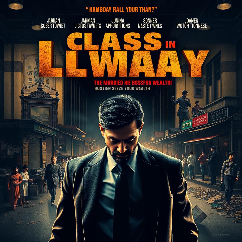 An advertising poster for a movie exploring class disparity in India, featuring a gripping narrative centered around a man who murders his boss to seize his wealth