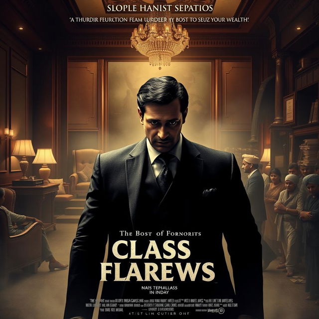 An advertising poster for a movie exploring class disparity in India, featuring a gripping narrative centered around a man who murders his boss to seize his wealth