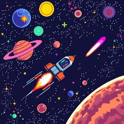 a pixel art scene of outer space featuring a spaceship cruising through, with pixelated stars, colorful planets, and a glowing comet streaking by