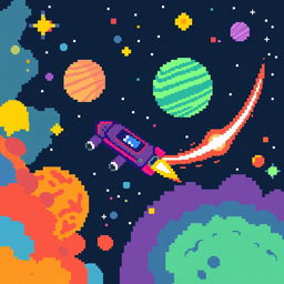 a pixel art scene of outer space featuring a spaceship cruising through, with pixelated stars, colorful planets, and a glowing comet streaking by