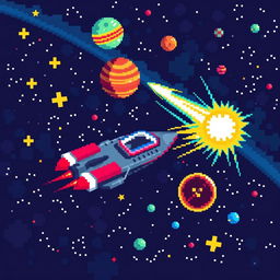 a pixel art scene of outer space featuring a spaceship cruising through, with pixelated stars, colorful planets, and a glowing comet streaking by