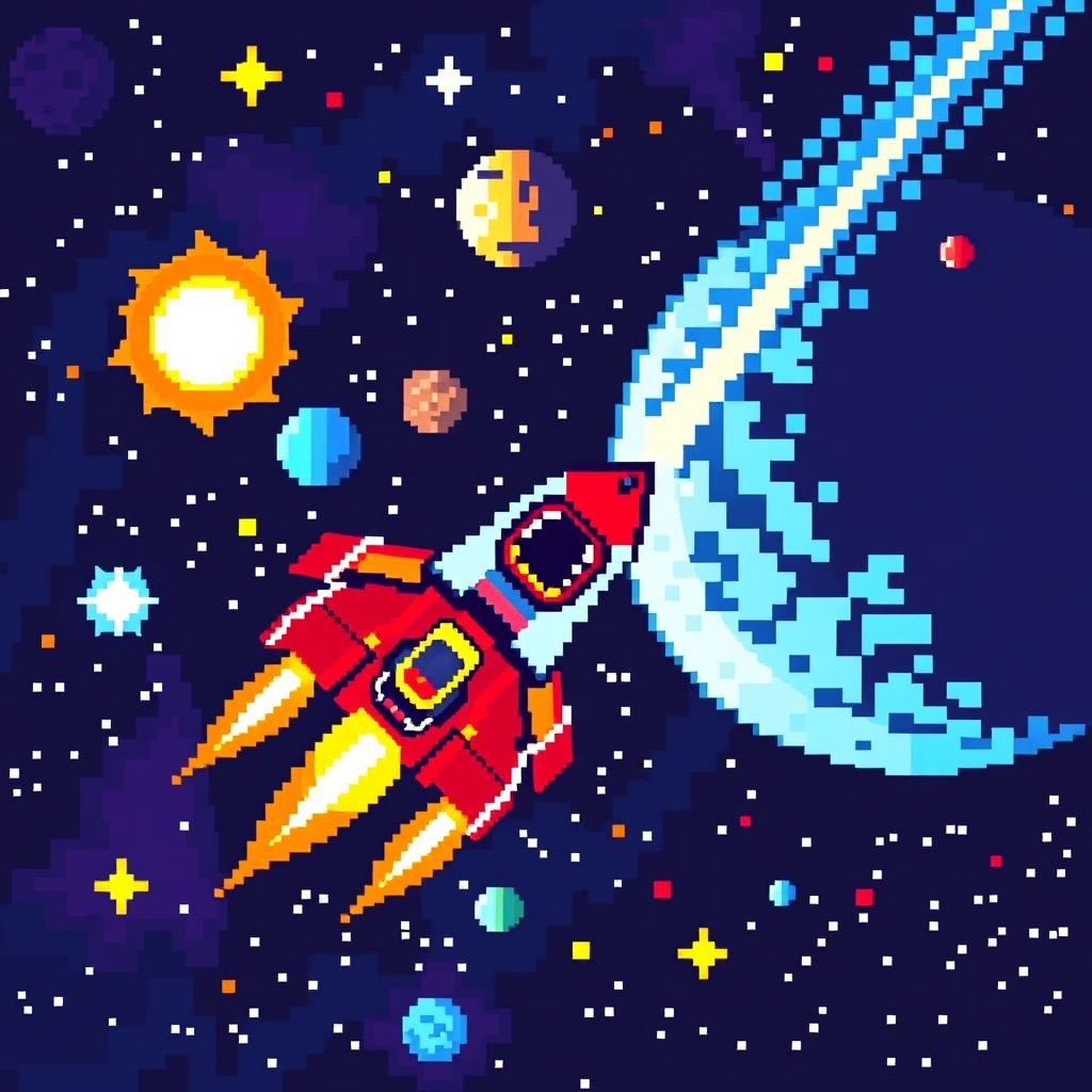 a pixel art scene of outer space featuring a spaceship cruising through, with pixelated stars, colorful planets, and a glowing comet streaking by