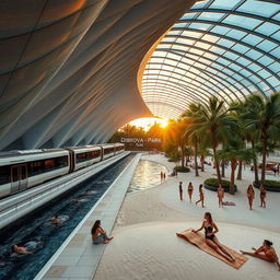 An expansive and high underground metro station featuring a sleek train composed of several cars on the platform