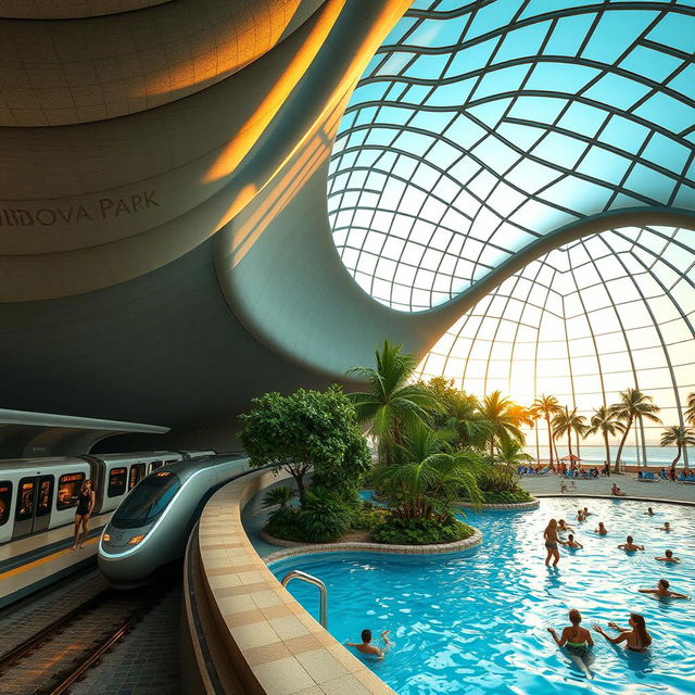 An expansive and high underground metro station featuring a sleek train composed of several cars on the platform