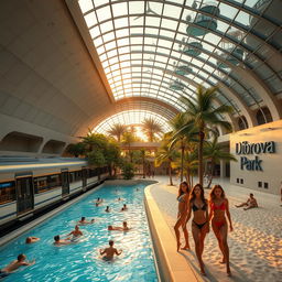 An expansive and high underground metro station featuring a sleek train composed of several cars on the platform