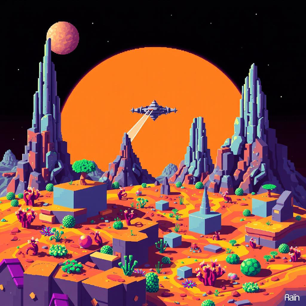 a pixelated planetary environment set in the style of 8-bit graphics, showcasing a vibrant and colorful alien landscape