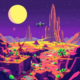 a pixelated planetary environment set in the style of 8-bit graphics, showcasing a vibrant and colorful alien landscape