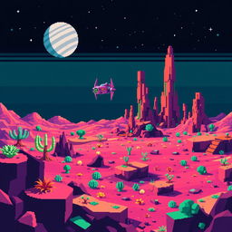 a pixelated planetary environment set in the style of 8-bit graphics, showcasing a vibrant and colorful alien landscape