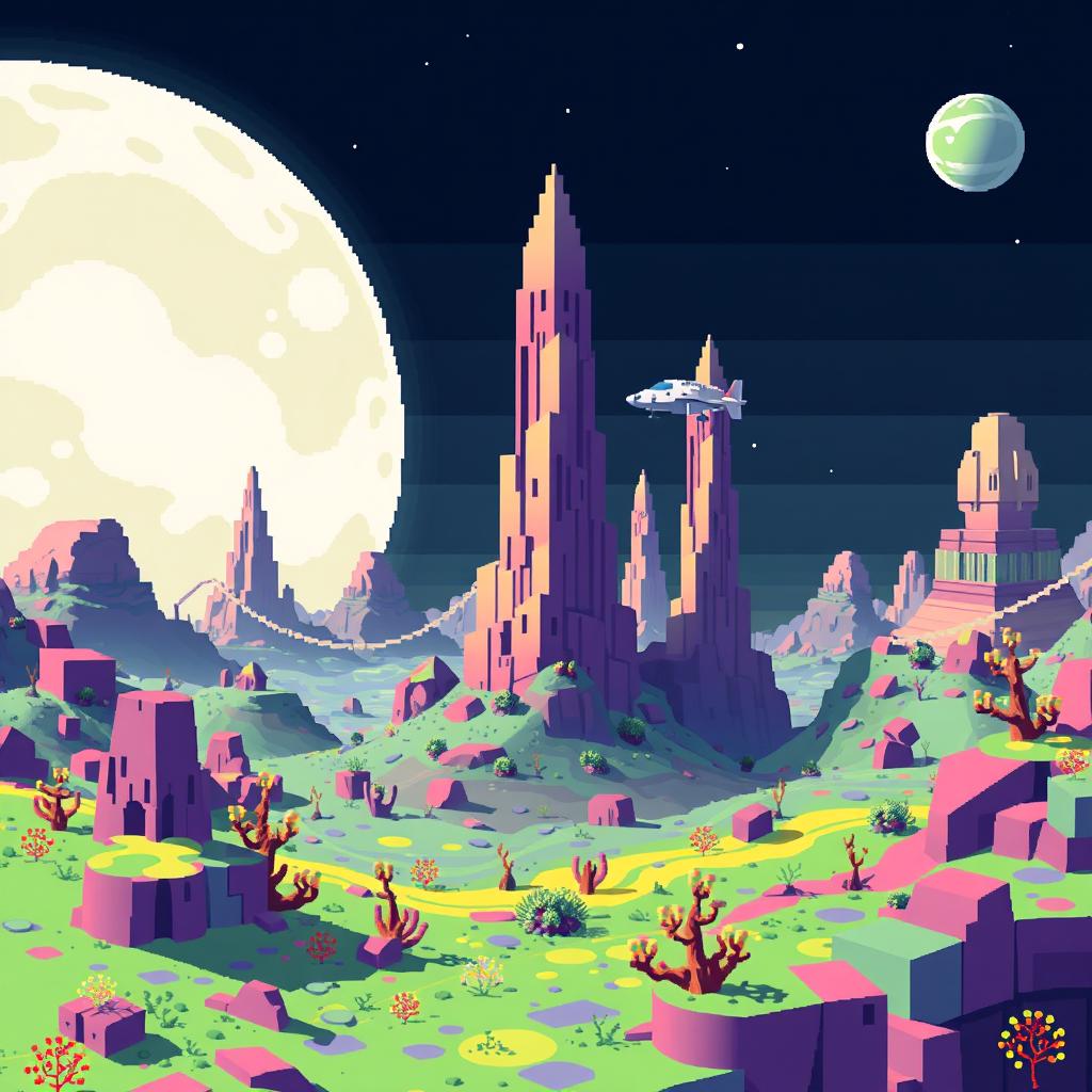 a pixelated planetary environment set in the style of 8-bit graphics, showcasing a vibrant and colorful alien landscape