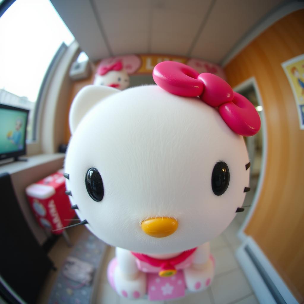 Hello Kitty with her face adorably close to the camera, as captured through a 0